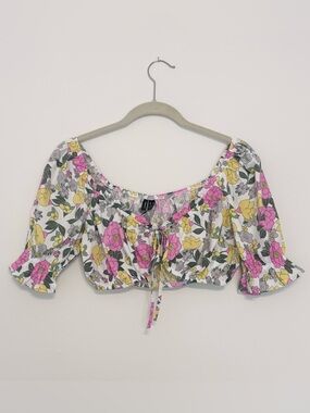 NWT Floral Bra Top Tie Front Puff Sleeves Cotton Coquette Feminine